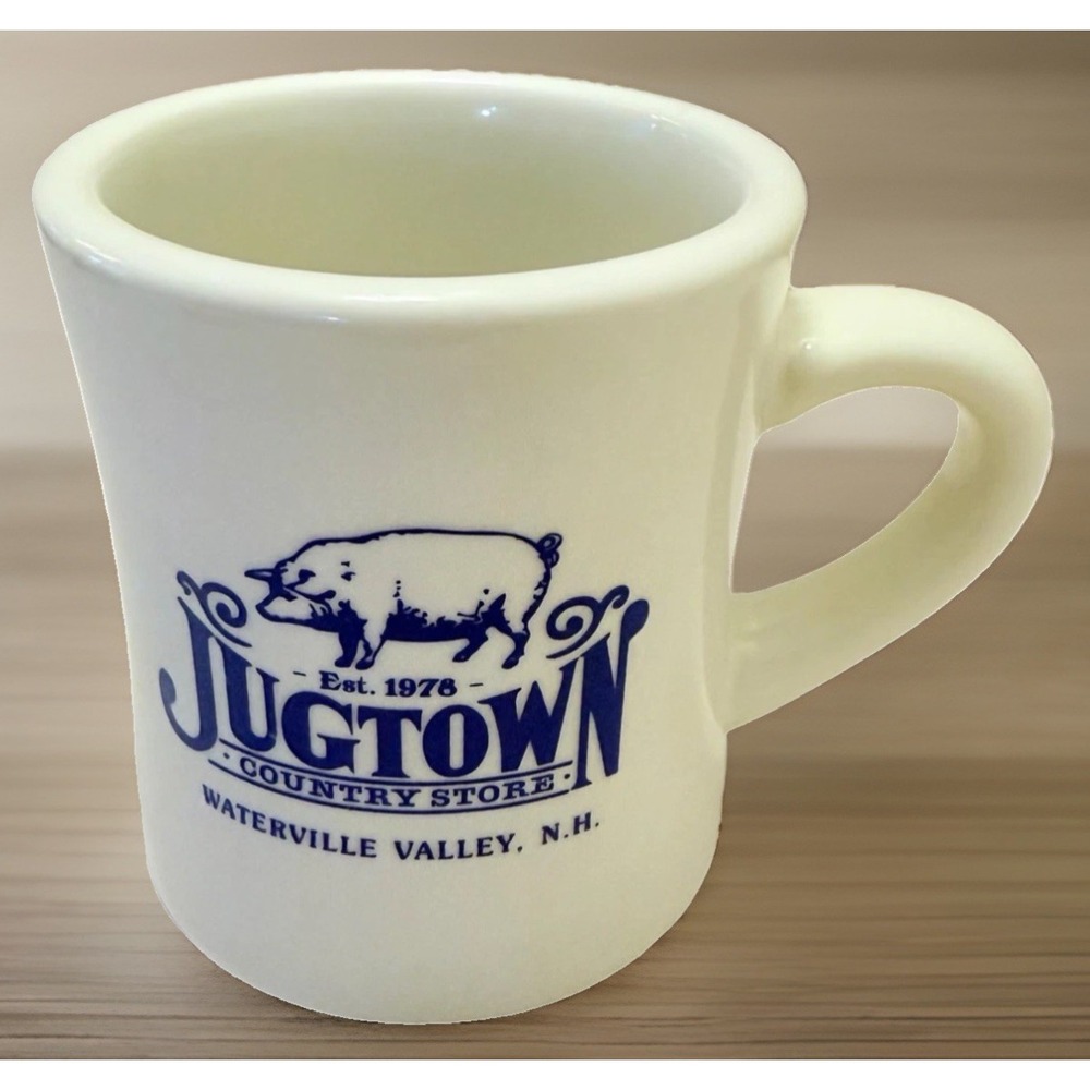 VTG Art Pig Coffee Mug Cottage Farmhouse Country White Blue Waterville Valley NH